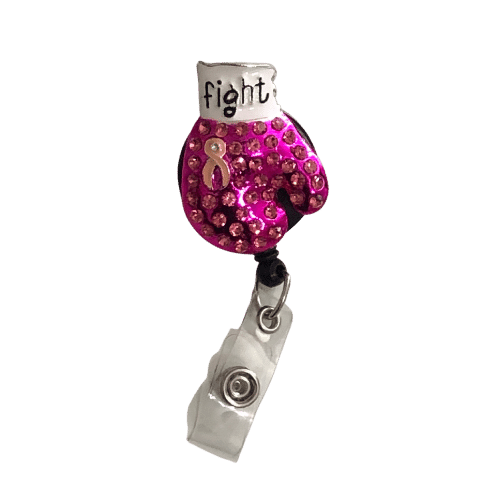 Rhinestone Breast Cancer Boxing Glove Badge Reel